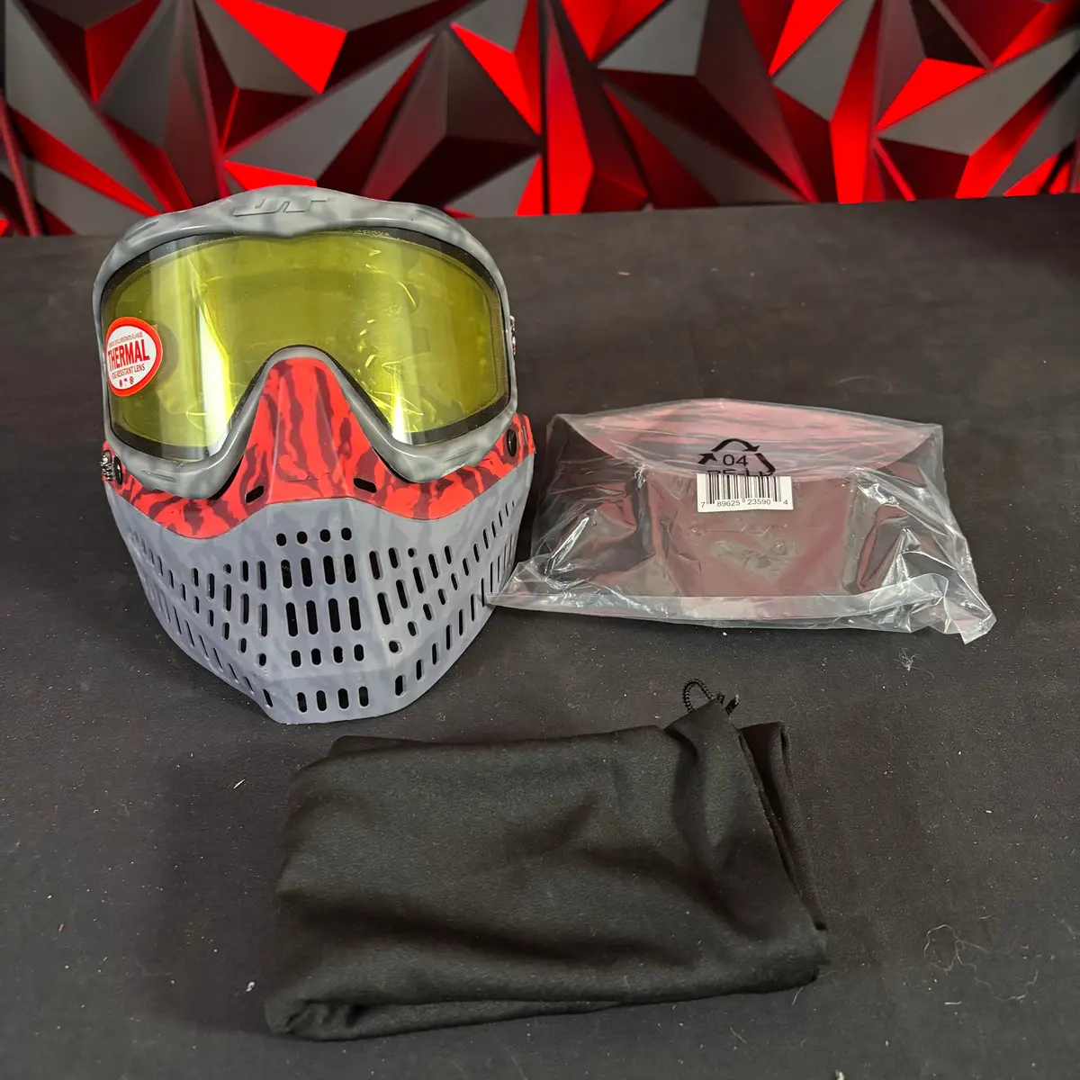 Used Jt Proflex Paintball Mask - Custom #18 Grey Tie Dye Frame /W Grey To Red Tiger Stripe Bottoms And Grey Tiger Stripe Ears *Custom* 1