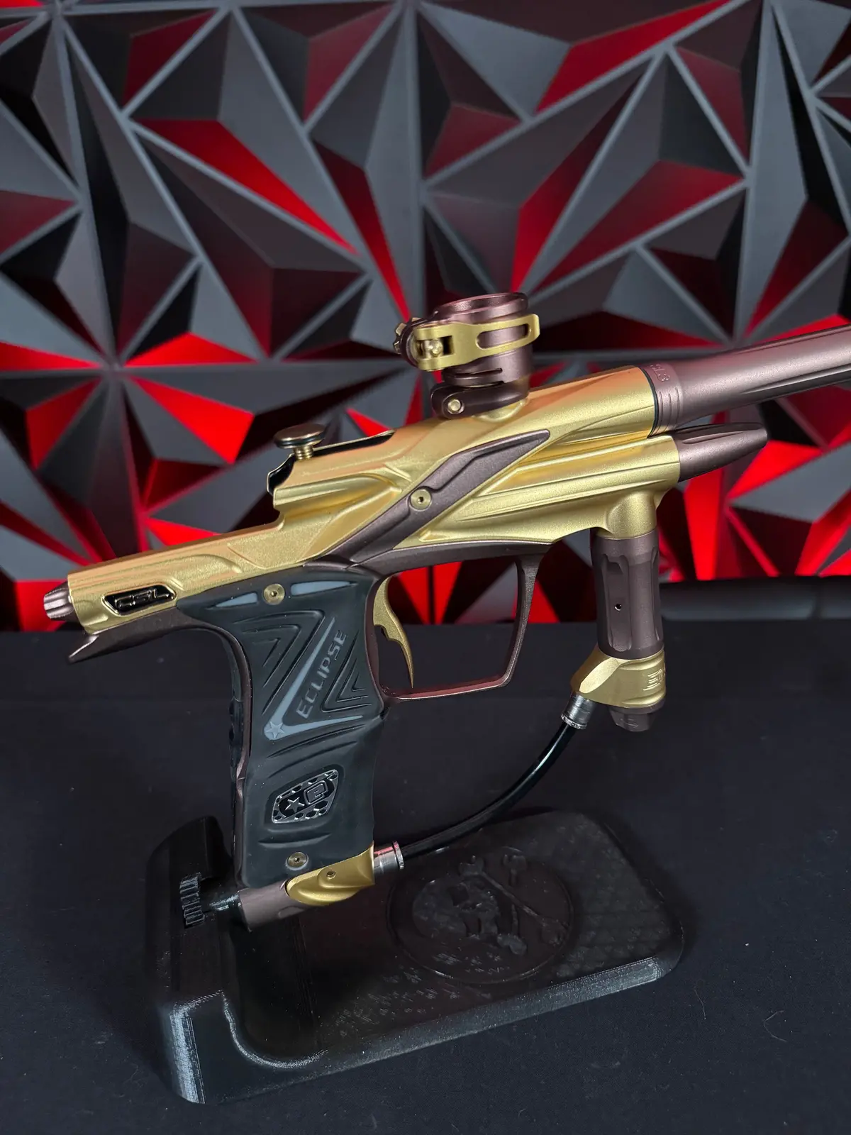 Used Planet Eclipse Csl Paintball Gun - Gold/Bronze W/14" & 16" Matching Carbon Fiber Tips, Blade And Scythe Trigger, & All 3 Barrel Backs 1