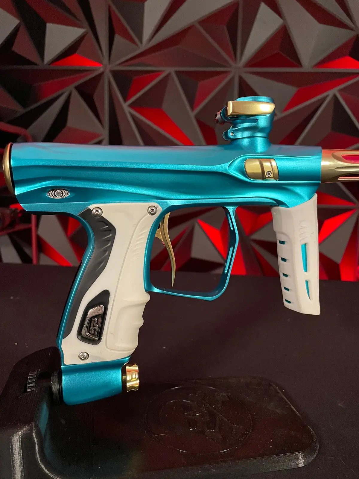 Used Shocker Xls Paintball Gun - Dust Teal / Polished Gold 1