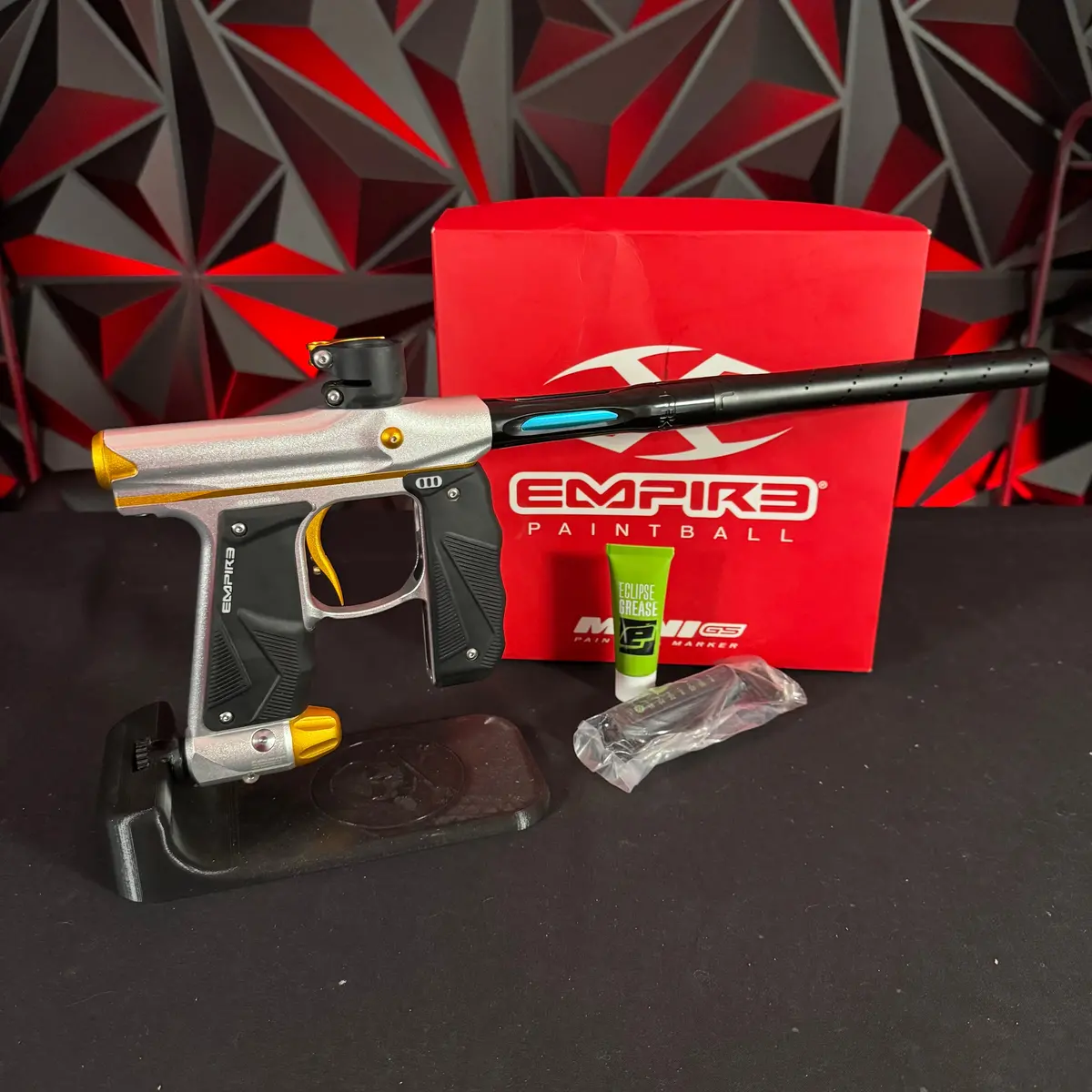 Used Empire Mini Gs Paintball Gun - Dust Silver/Dust Gold W/Freak Xl Barrel System 1