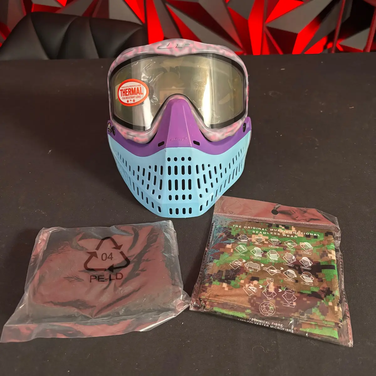 Used Jt Proflex Paintball Mask - Custom #7 Cotton Candy Frames/W Purple/ Baby Blue *Dyed* Bottoms And Purple Ears - *Custom* 1