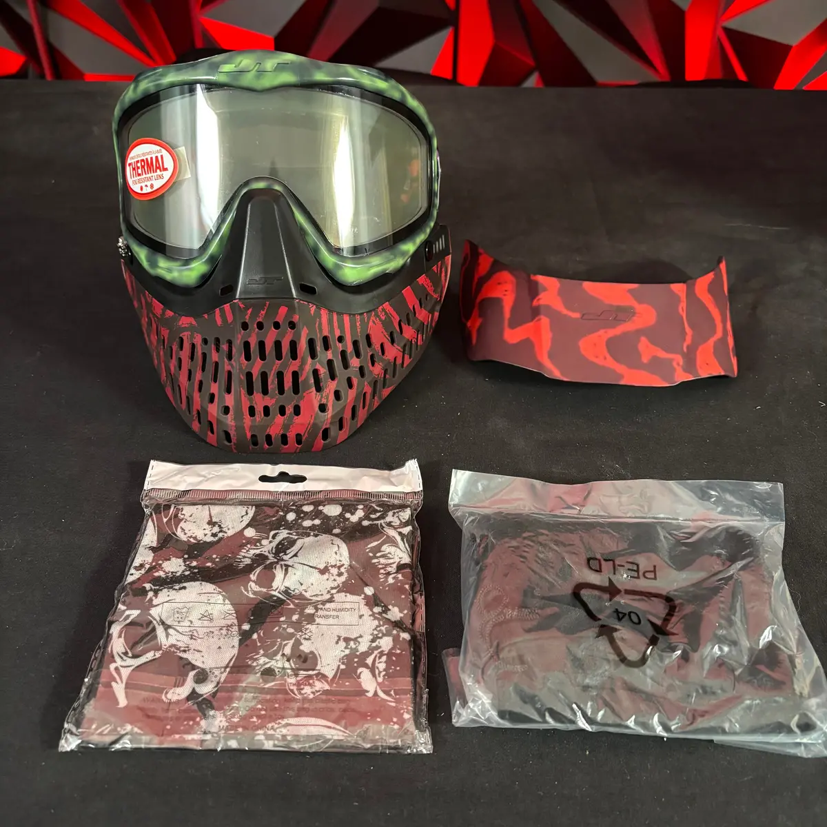 Used Jt Proflex Paintball Mask - Custom # 16 Green To Black Tie Dye Frame /W Red Tiger Stripe Bottoms And Red Ears *Custom* 1
