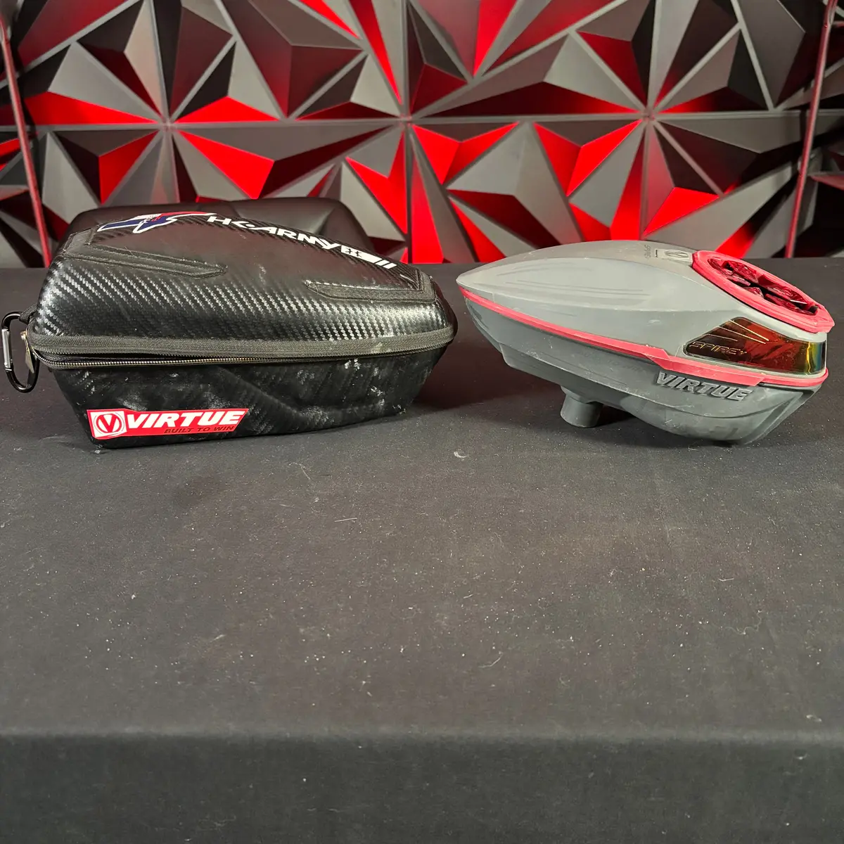Used Virtue Spire 5 Paintball Loader - Light Grey/ Dark Grey/ Red - W/Speed Feed 1