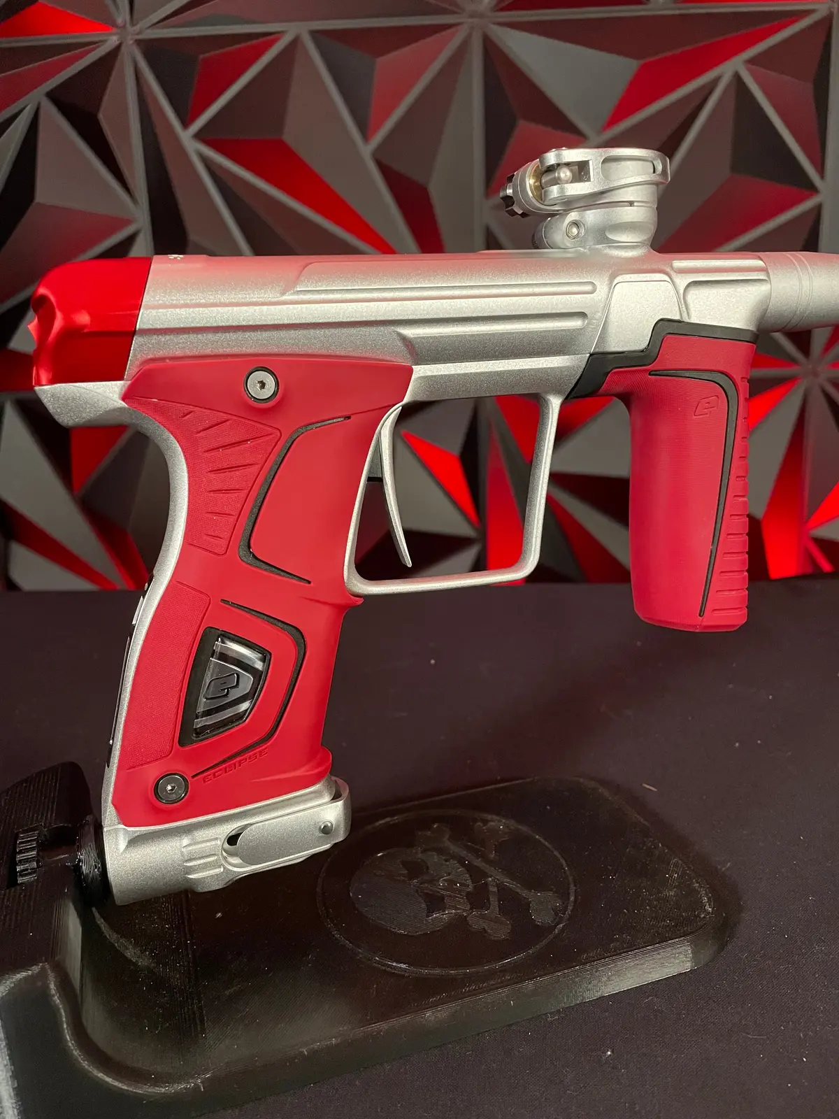 Used Planet Eclipse Gtek 170R Paintball Marker - Silver W/ Red Infamous Back Cap, Red Grip Kit, Red Barrel Tip 1