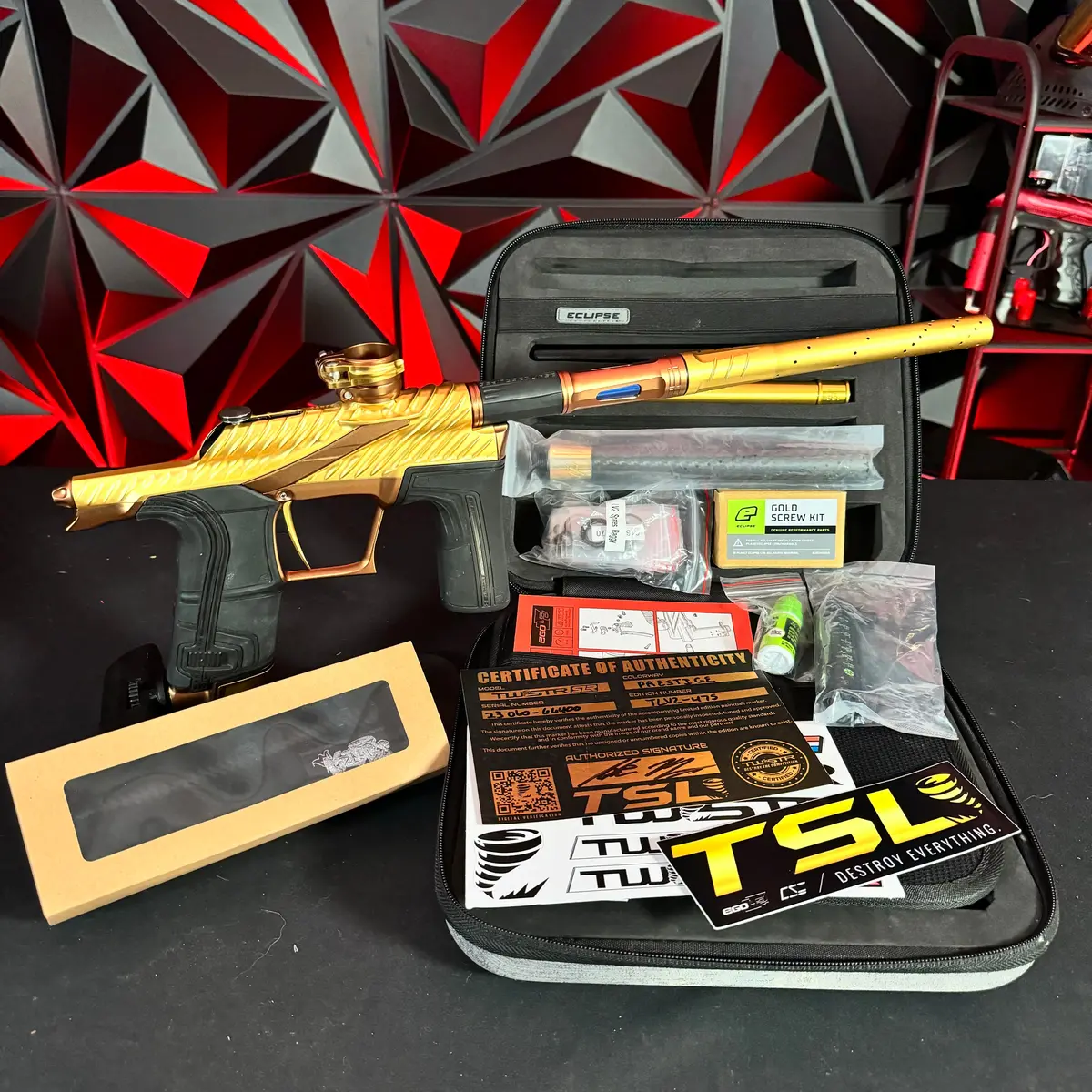 Used Planet Eclipse Twister "Tsl" Lv2 Paintball Gun - Gold/Bronze W/ King Creation Headband, Gold Screws, Carbon Tip 1