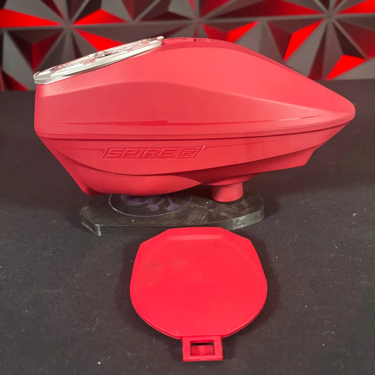 Used Virtue Spire Ir2 Paintball Loader - Red W/ Hk Army Evo Pro Speed Feed & Rain Lid 1