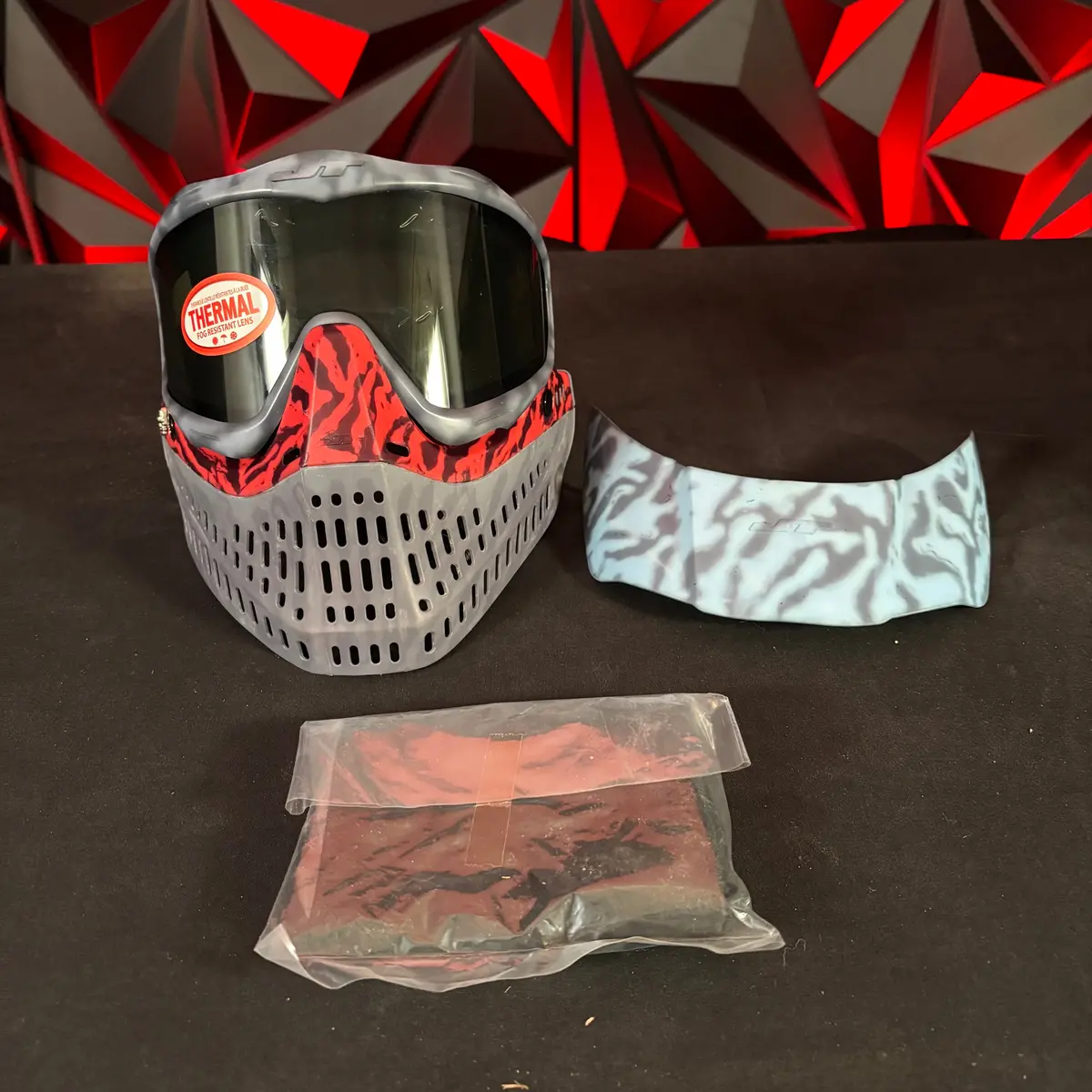 Used Jt Proflex Paintball Mask - Custom # 23 Dark Grey/ Light Grey Tie Dye Frame /W Grey To Red Tiger Stripe Bottom And Tiger Stripe Ears *Custom* 1