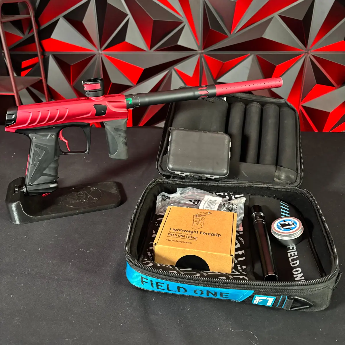 Used Field One Force Paintball Gun - Dust Red/Black W/V2 Upgrades *Except V2 Pillow Tip*, Uzaraski Grip, Stock Grip, Deuce Trigger, S Trigger, & 2 Lipo Batteries 1