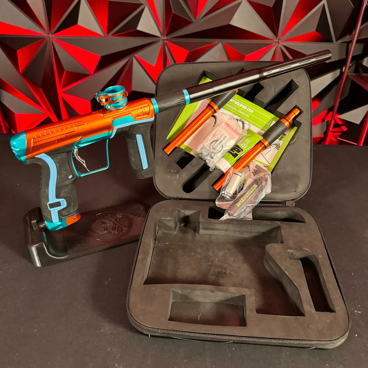 Used Infamous/Planet Eclipse Cs2 Paintball Gun - Orange/Teal W/ 3 Fl Backs & Infamous Deuce Trigger 1