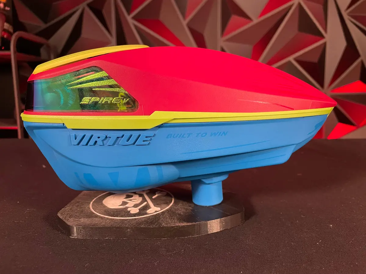 Used Virtue Spire 5 Paintball Loader - Red/Blue W/ Lime Accents 1