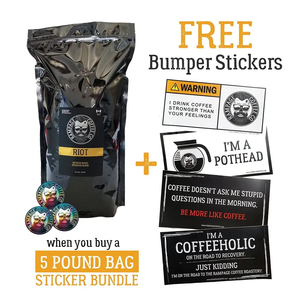 5 Pound Bag, Sticker Pack + Bonus Bumper Stickers | Rampage Coffee Co. 1