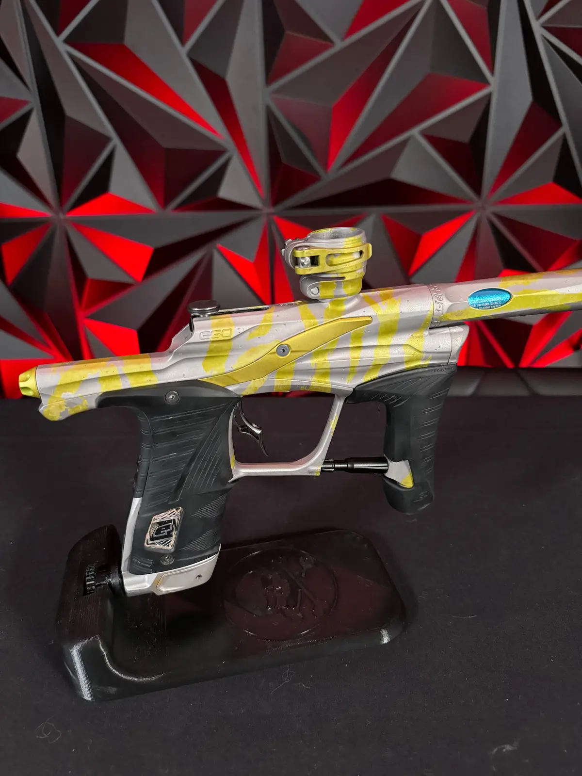 Used Planet Eclipse Lv1.1 Paintball Gun - Custom Anno Silver/Yellow Tiger W/Deuce Trigger, Techt Bolt, White & Black Grip Kit 1
