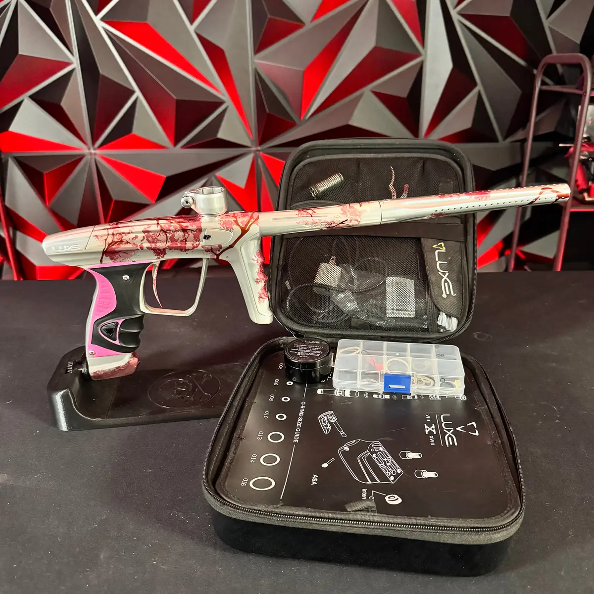Used Dlx Luxe X Paintball Gun - Gloss Silver Cherry Blossom W/ Deuce Trigger 1