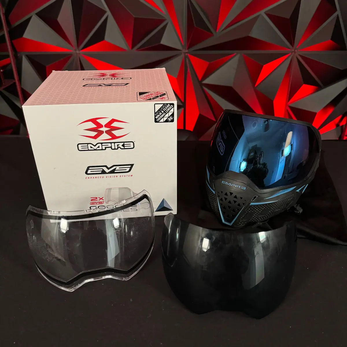 Used Empire Evs Paintball Mask - Black/Navy W/ Smoke Lens, Clear Lens, And Soft Goggle Bag 1