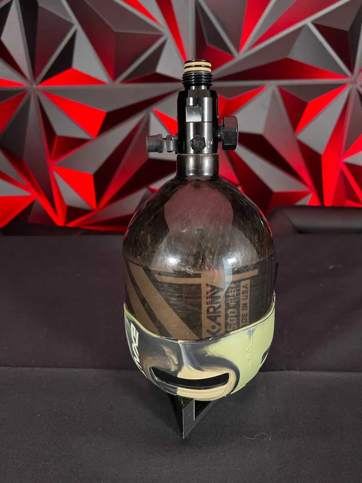 Used Hk Army 48/4500 Carbon Fiber Paintball Tank W/ Standard Regulator + Rubber Fill Nipple Cover + Exalt Tank Grip 1