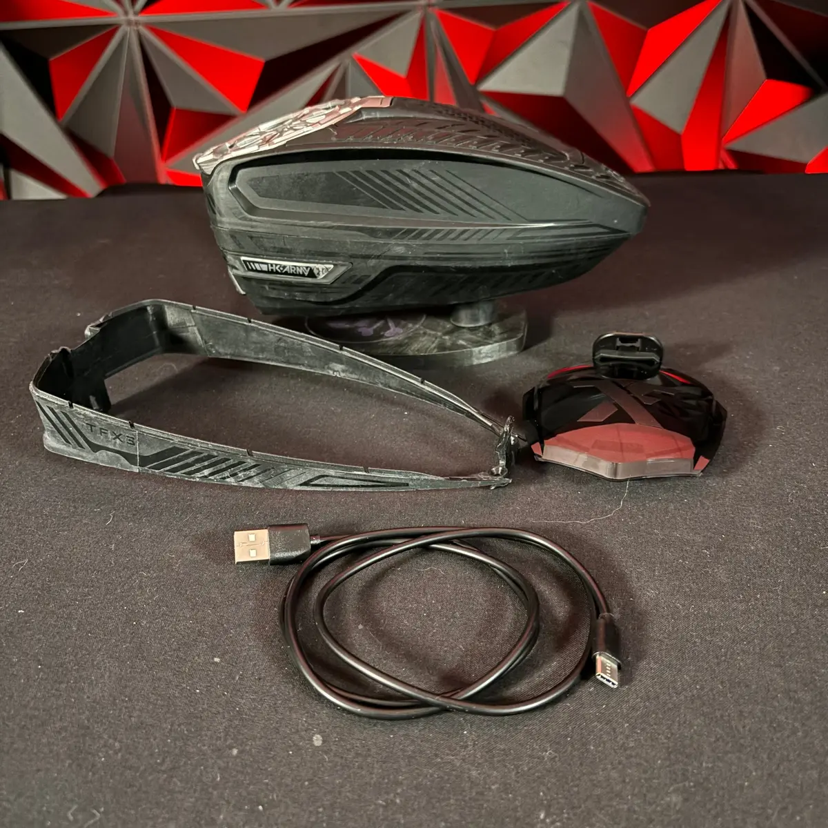 Used Hk Army Tfx3 Paintball Loader - Black/Black W/ Expansion Ring, Speedfeed, Rain Lid, & Charging Cable 1