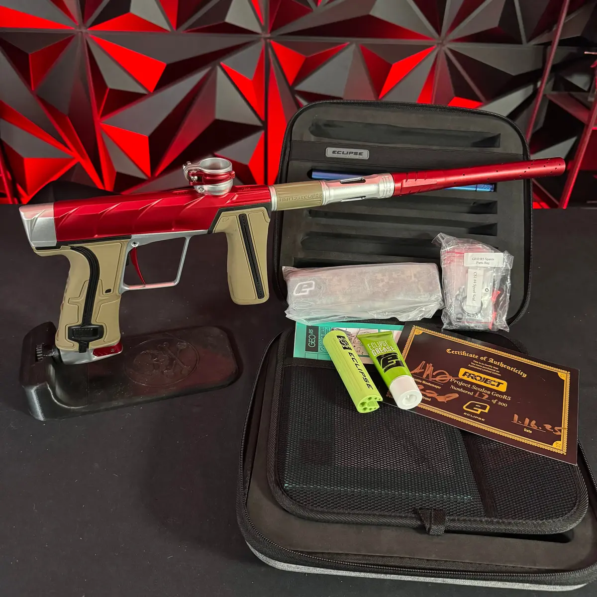 Used Planet Eclipse Project Scales Geo R5 Paintball Gun - Red/Silver W/ Earth Grips 1