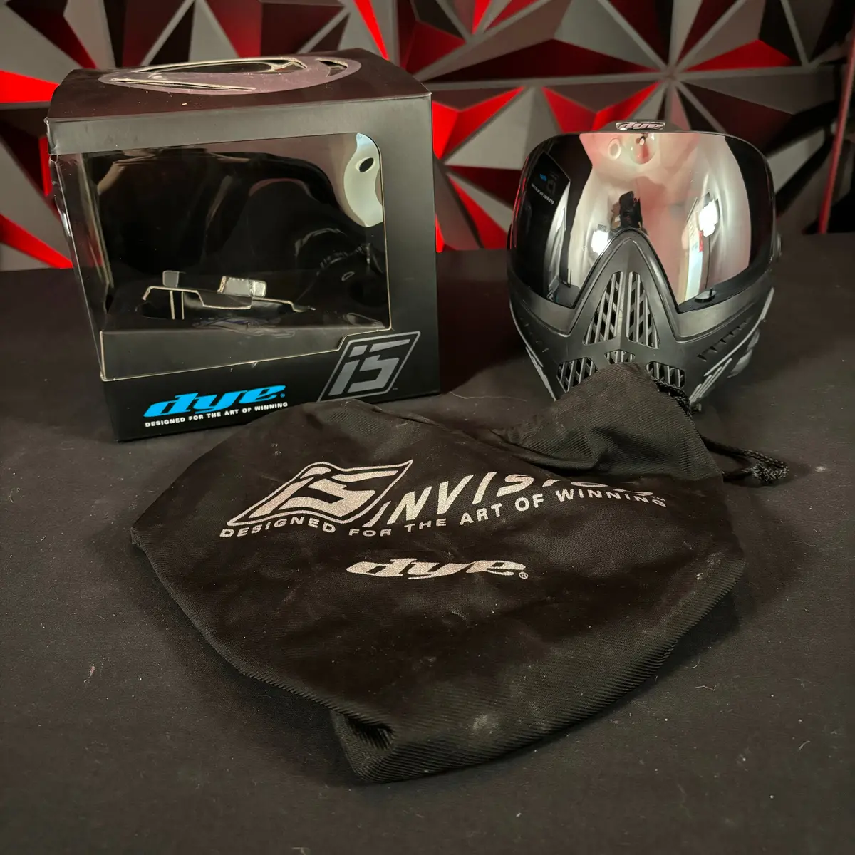 Used Dye I5 Paintball Mask - Black W/Mirrored Lens (Installed), Soft Goggle Bag, & Original Box Case 1
