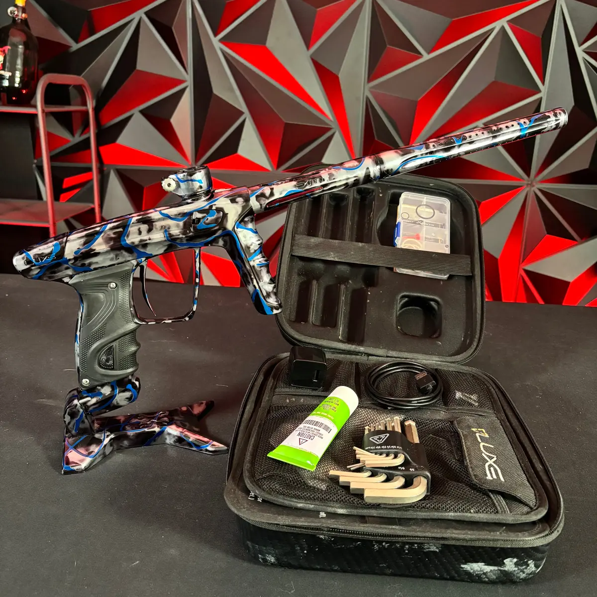 Used Dlx Luxe X Paintball Gun - *Custom Anno* Gloss Grey/Black Acid Wash W/ Blue Splash W/ Matching Hk Army Gun Stand 1