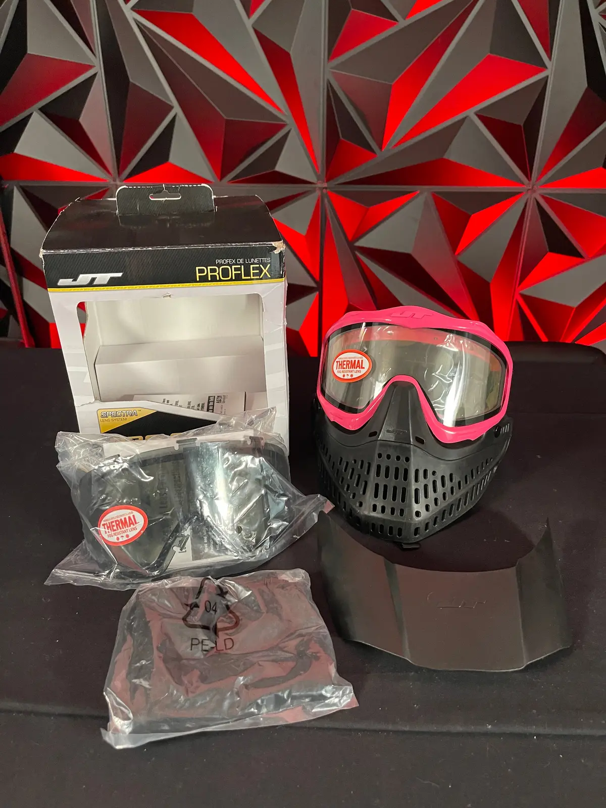 Used Jt Proflex Mask - Custom Build - Black/Pink W/ 2 Lenses, Visor, Original Box & Soft Goggle Bag 1