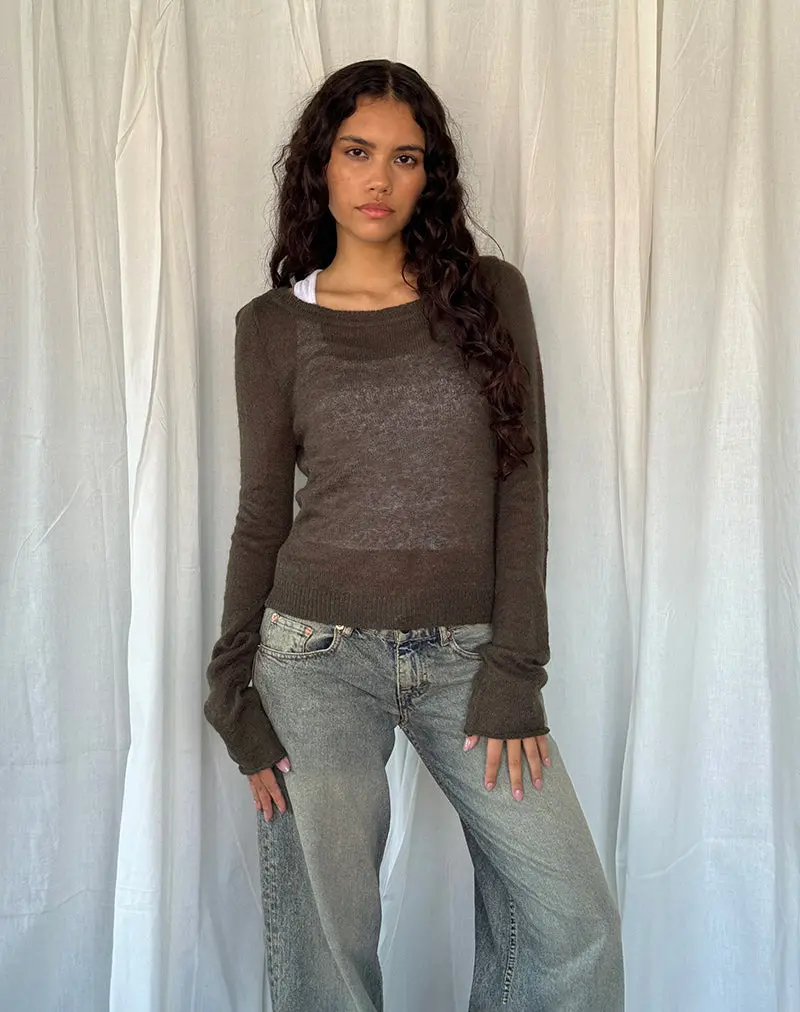 Addison Long Sleeve Sheer Knit Top In Dark Chocolate 1