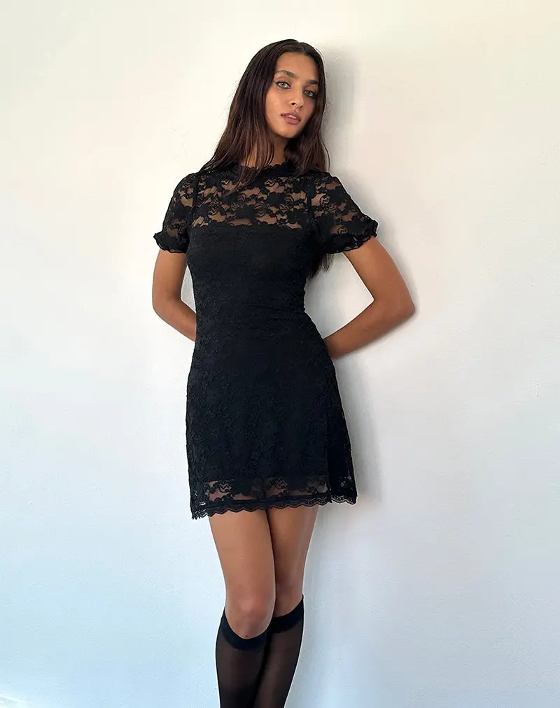 Adele Mini Tea Dress In Black Jasmine Lace 1
