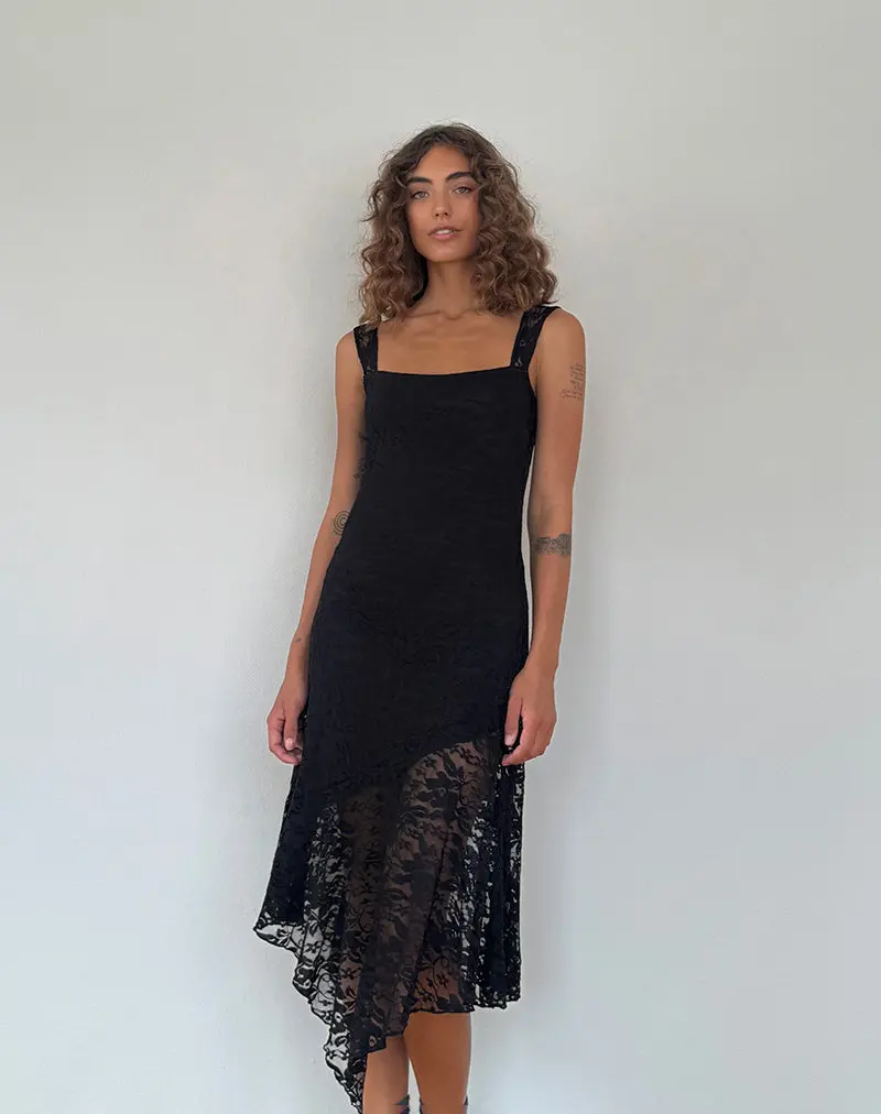 Adeliza Asymmetric Midi Dress In Floral Lace Jet Black 1