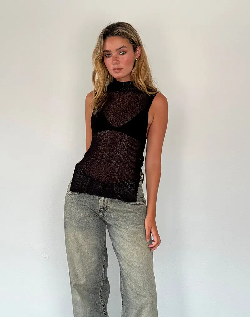 Agnes Sleeveless Sheer Knit Tank In Black 1