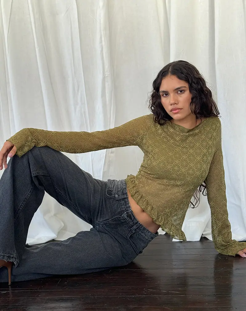 Allegra Long Sleeve Top In Textured Moss Green Lace 1