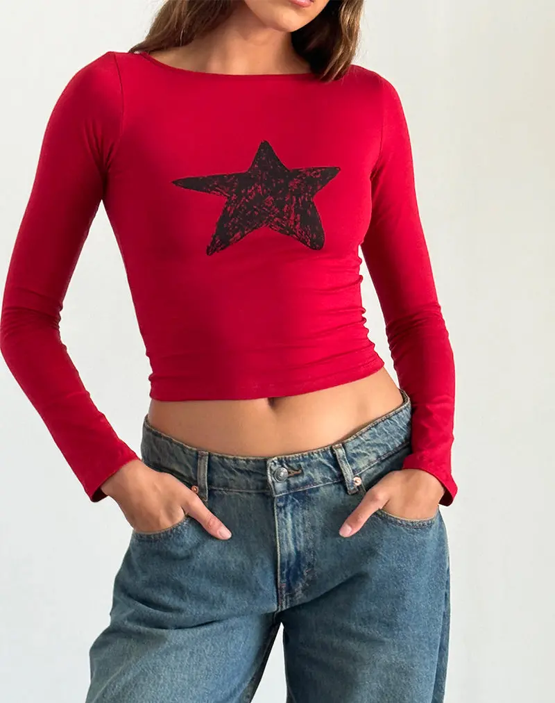 Amabon Long Sleeve Top In Adrenaline Red With Black Star 1