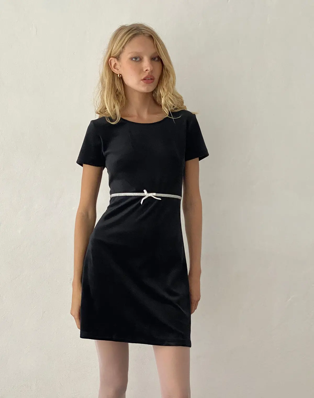 Amanda Mini Dress In Black Velvet With White Trim And Bow 1