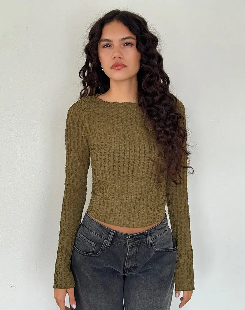 Angela Long Sleeve Top In Crinkle Olive 1