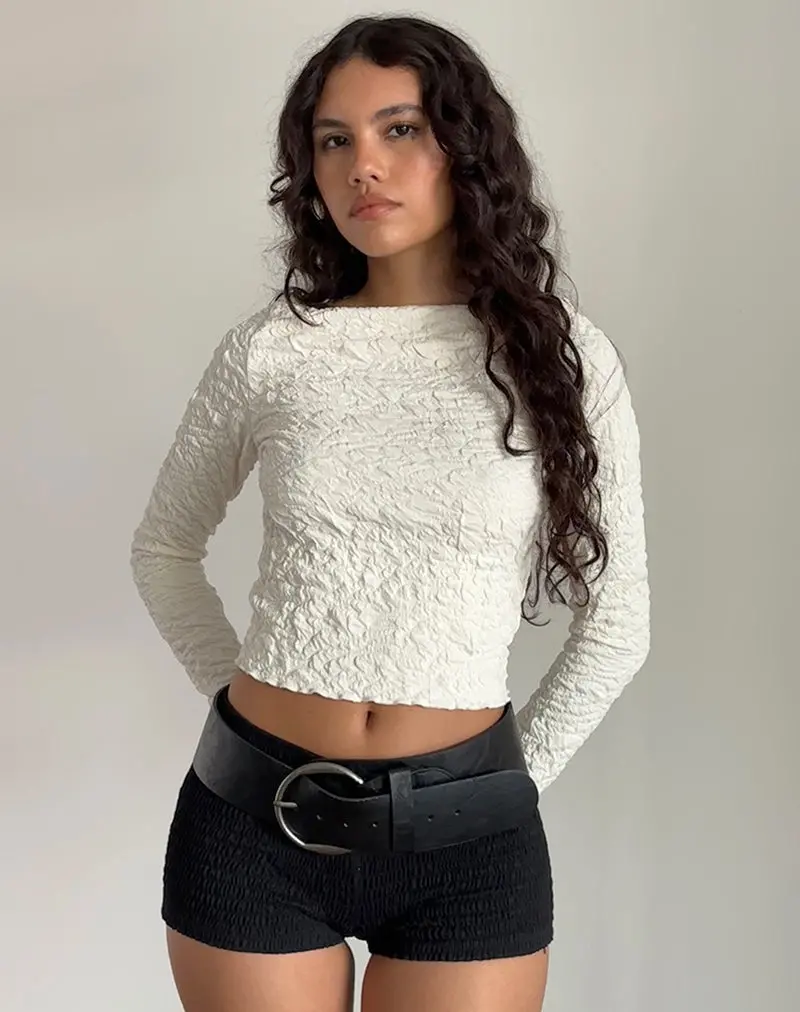 Angela Textured Long Sleeve Top In Jersey Cream 1