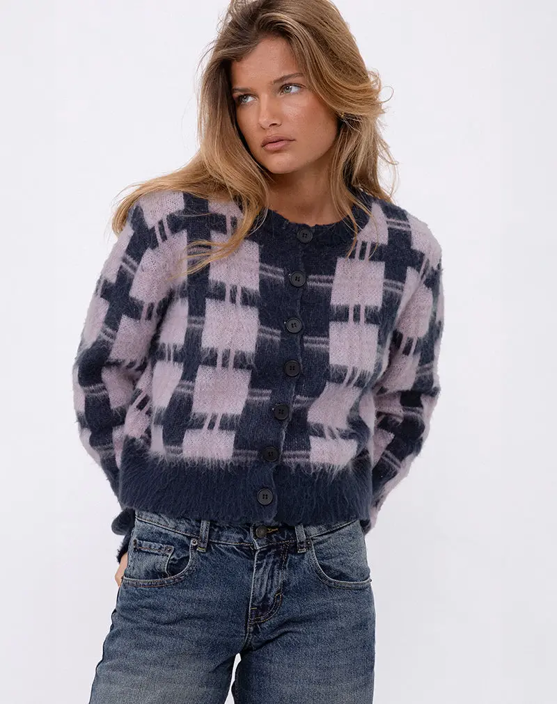Anzio Button Up Cardigan In Multi Check Navy And Pink 1