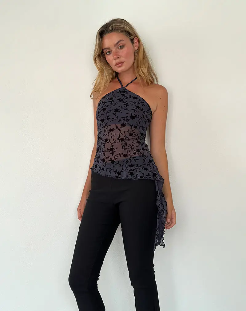 Arabella Halterneck Top In Pretty Petal Flock Navy 1