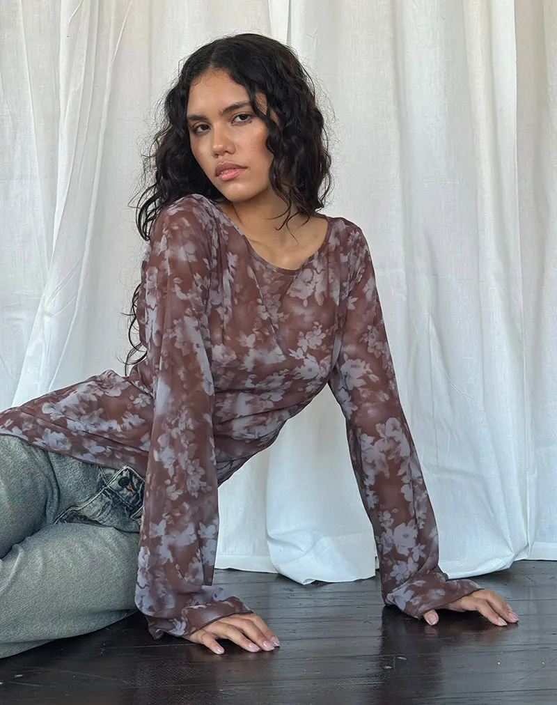 Arcelia Long Sleeve Mesh Top In Botanical Shadow Brown 1