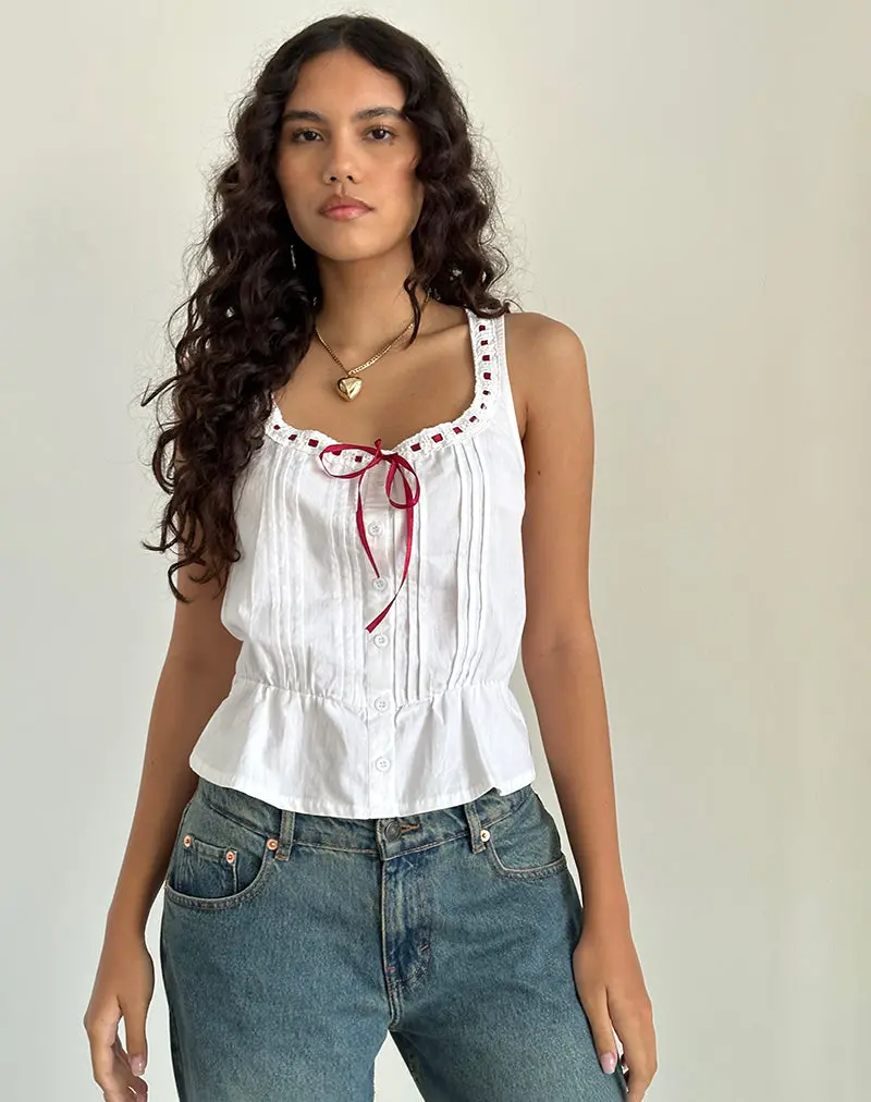 Arhan Top In White Poplin With Red Trim 1