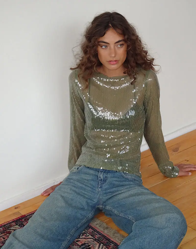 Ashram Top In Clear Khaki Green Sequin 1