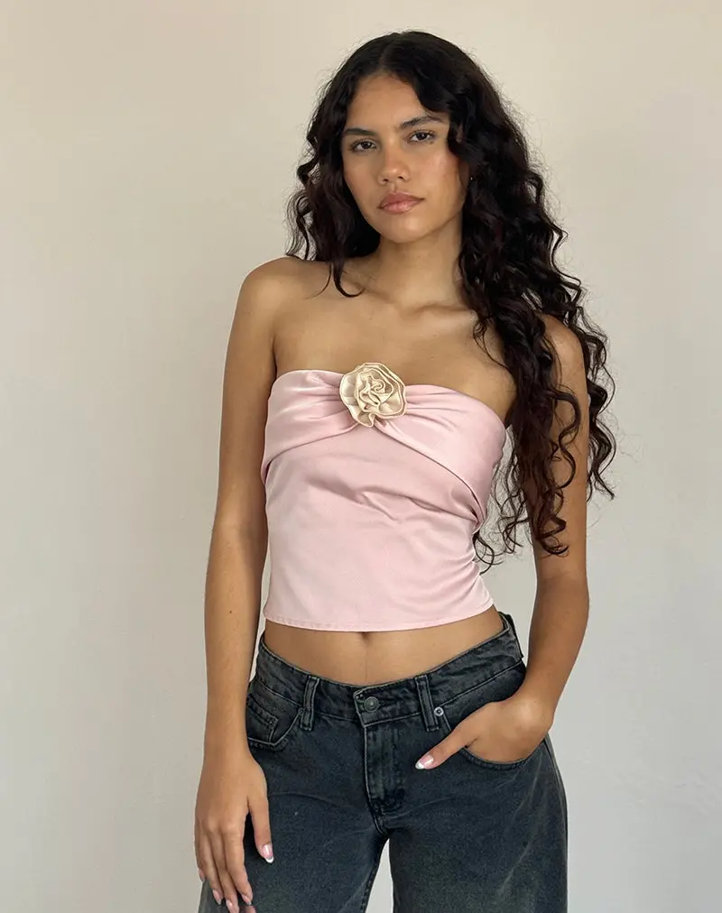 Astrum Satin Bandeau Top In Pink With Ivory Rose 1