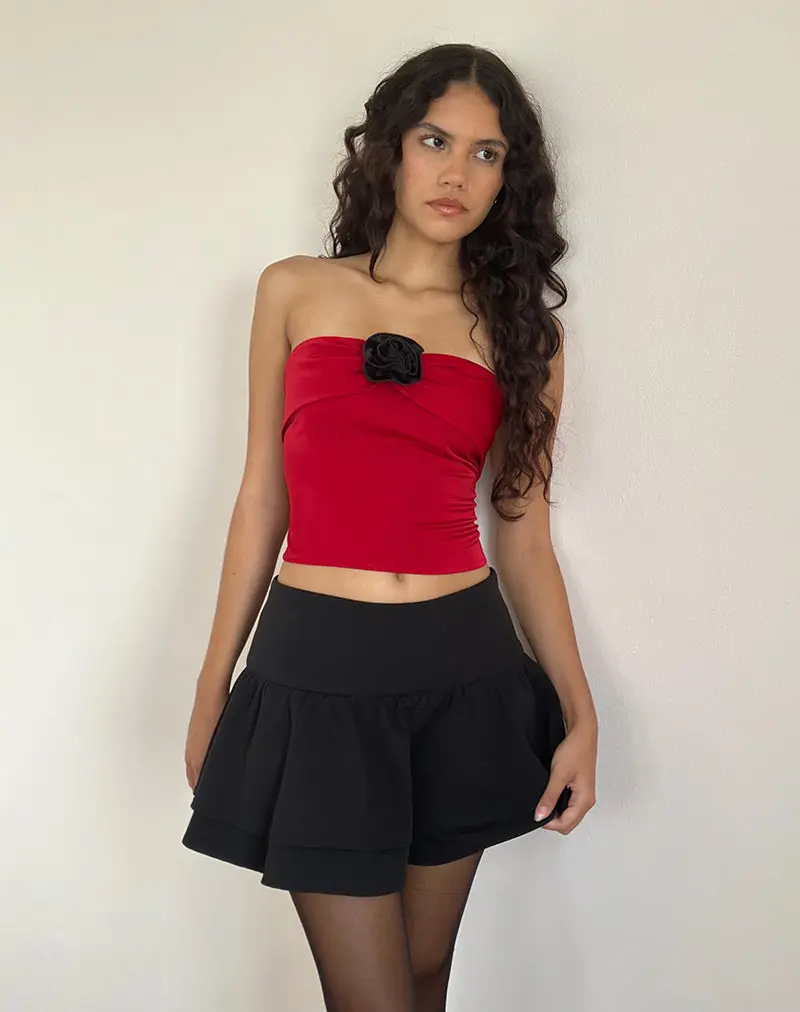 Astrum Satin Bandeau Top In Red With Black Rose 1
