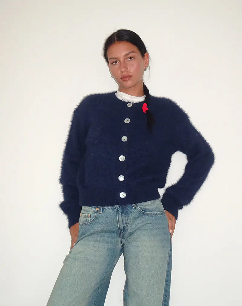 Audrina Cardigan In Fluffy Knit Navy 1