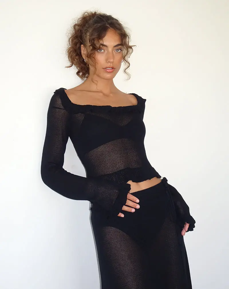 Ayako Frill Fine Knit Top In Black 1