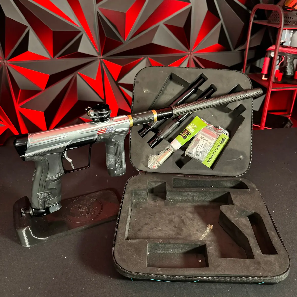 Used Planet Eclipse Cs2 Paintball Gun - Silver/Black W/American Flag Eye Covers, Haptic Deuce Trigger 1