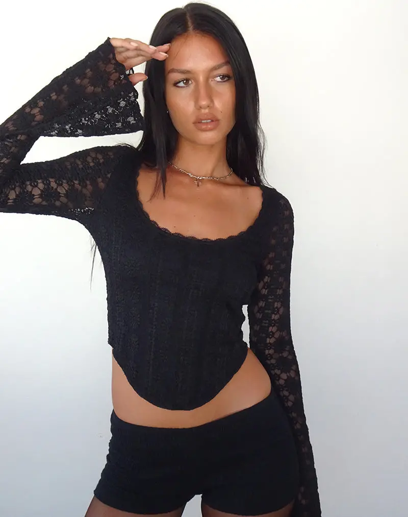 Belle Long Sleeve Top In Regal Lace Black 1