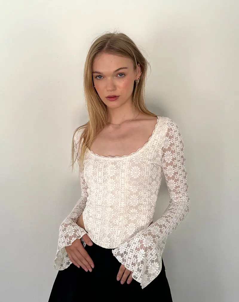 Belle Long Sleeve Top In Regal Lace Ivory 1