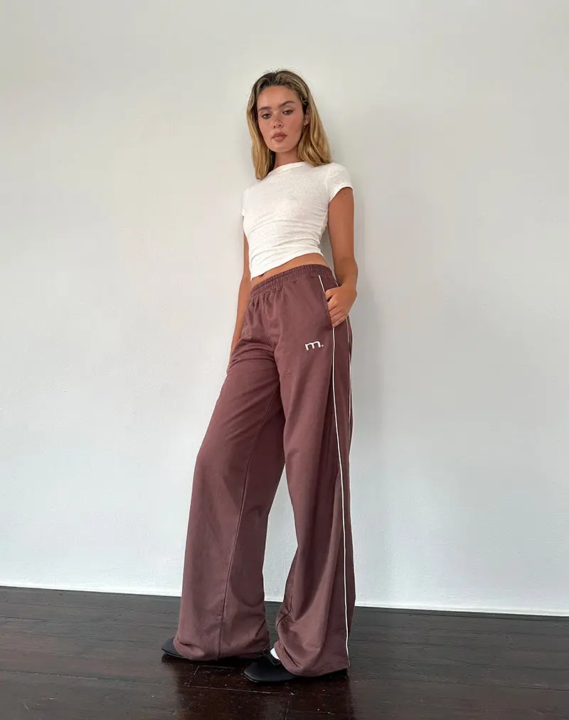 Benton Wide Leg Jogger In Mahogany With Ivory Piping And M Embroidery 1