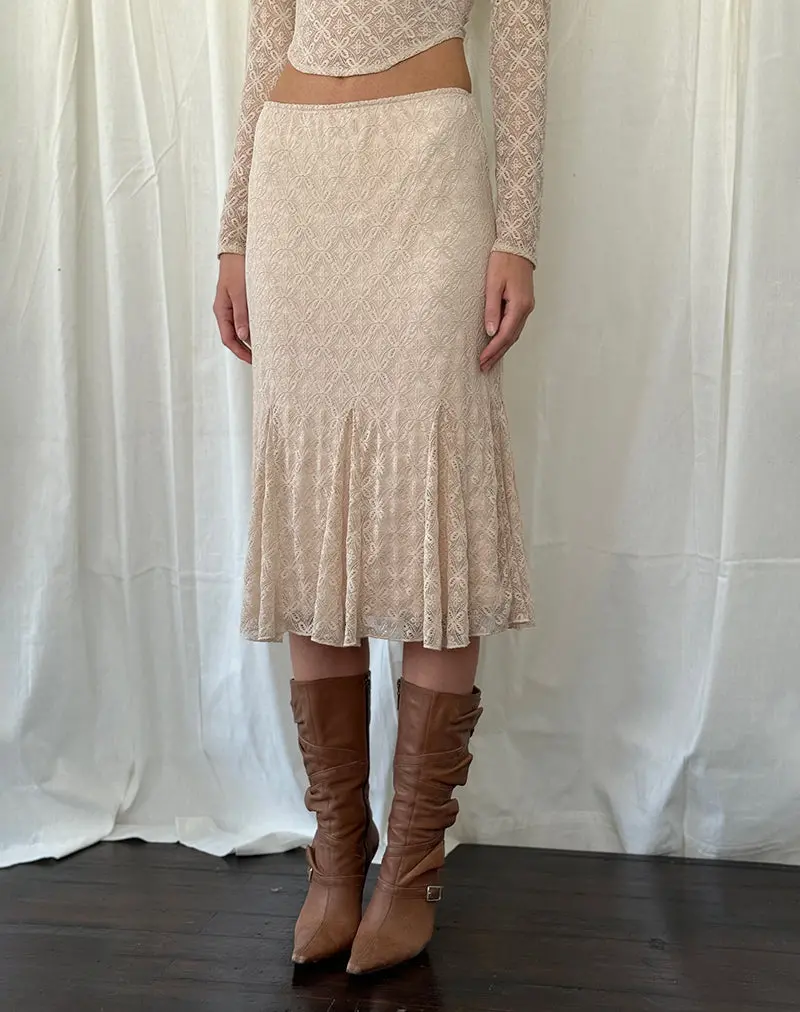 Betharia Frill Detail Midi Skirt In Nude Lace 1
