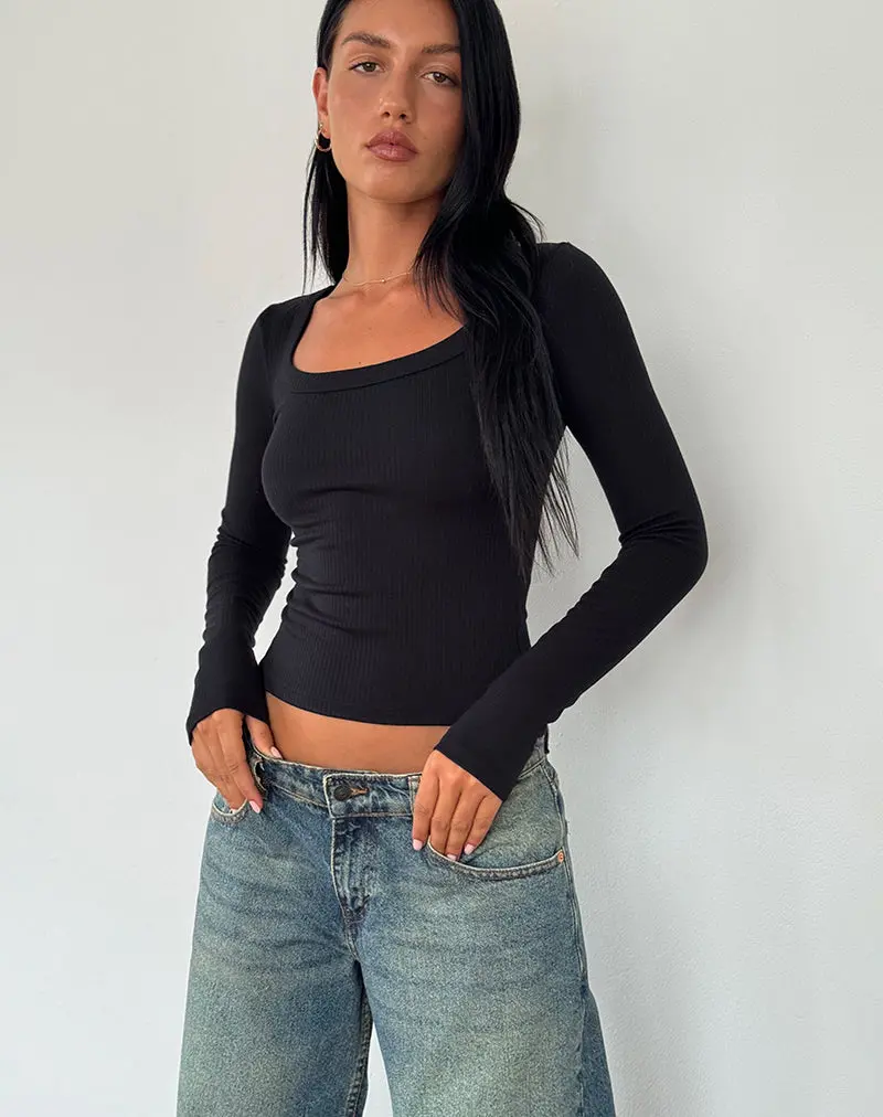 Binlo Extra Long Sleeve Top In Black 1