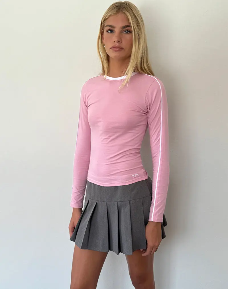 Bonija Long Sleeve Top In Flamingo Pink With White Piping And M Embroidery 1