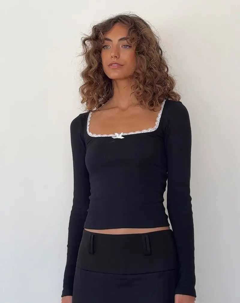 Bovita Long Sleeve Top In Black With Off White Trim 1